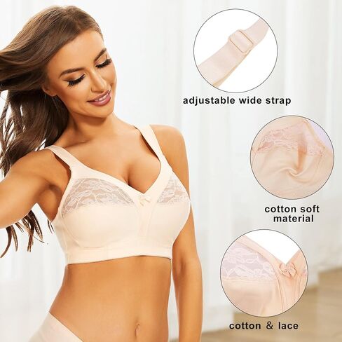 sheroine Women's Cotton Lace Full Figure Bra Plus Size Wirefree Ultrathin Soft Unpadded Support Bras in Kuwait