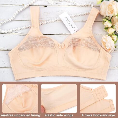 sheroine Women's Cotton Lace Full Figure Bra Plus Size Wirefree Ultrathin Soft Unpadded Support Bras in Kuwait
