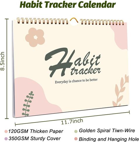 Habit Tracker Calendar, Aesthetic Daily Weekly Goal and Habit Tracker Journal, 12 Months Undated Habits Tracker Planner with Spiral Binding, Boost Productivity Tool and Workout Calendar, 11.7"x8.5" in Kuwait