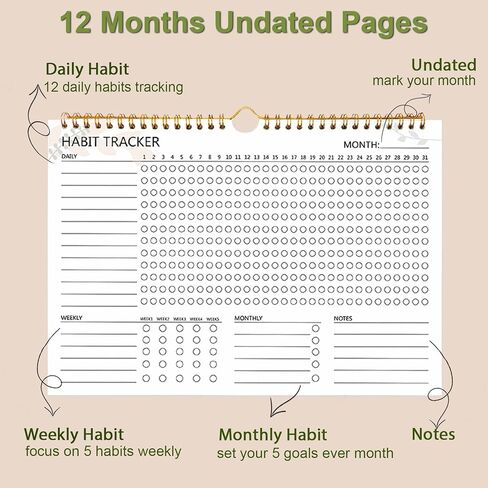 Habit Tracker Calendar, Aesthetic Daily Weekly Goal and Habit Tracker Journal, 12 Months Undated Habits Tracker Planner with Spiral Binding, Boost Productivity Tool and Workout Calendar, 11.7"x8.5" in Kuwait