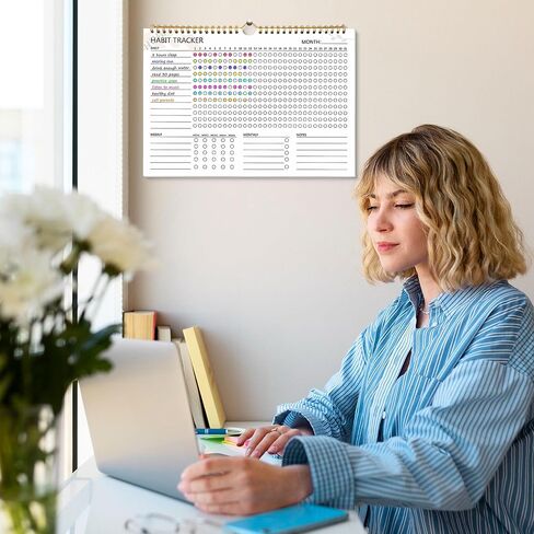 Habit Tracker Calendar, Aesthetic Daily Weekly Goal and Habit Tracker Journal, 12 Months Undated Habits Tracker Planner with Spiral Binding, Boost Productivity Tool and Workout Calendar, 11.7"x8.5" in Kuwait