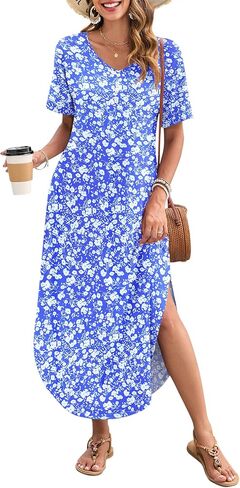 MOLERANI Women's Summer Maxi Dress 2025 Short Sleeve V Neck Casual Loose Sundress Long Beach Split Dresses with Pockets in Kuwait