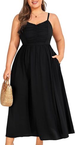 Hanna Nikole Women ’s بالإضافة إلى حجم السباغيتي الأشرطة البوهيمية Maxi Dress V فستان الرقبة مع جيوب in Saudi Arabia