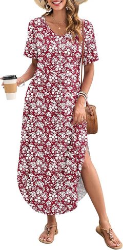 MOLERANI Women's Summer Maxi Dress 2025 Short Sleeve V Neck Casual Loose Sundress Long Beach Split Dresses with Pockets in Kuwait