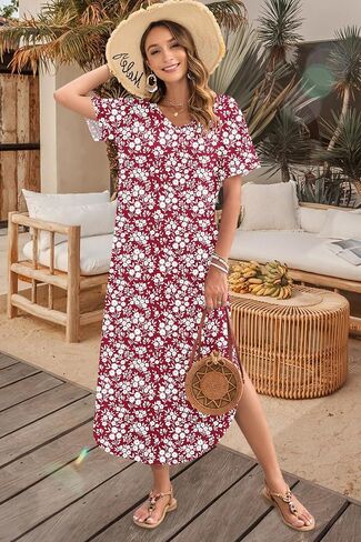 MOLERANI Women's Summer Maxi Dress 2025 Short Sleeve V Neck Casual Loose Sundress Long Beach Split Dresses with Pockets in Kuwait