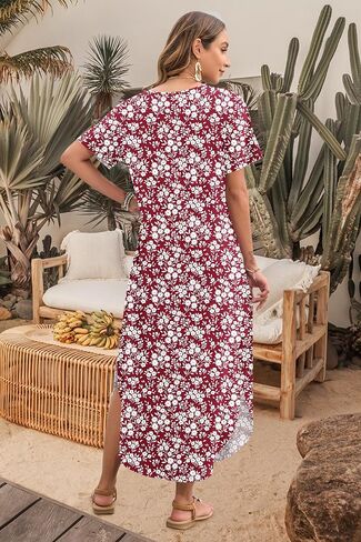 MOLERANI Women's Summer Maxi Dress 2025 Short Sleeve V Neck Casual Loose Sundress Long Beach Split Dresses with Pockets in Kuwait