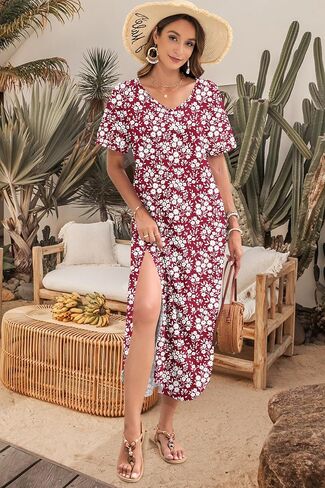 MOLERANI Women's Summer Maxi Dress 2025 Short Sleeve V Neck Casual Loose Sundress Long Beach Split Dresses with Pockets in Kuwait
