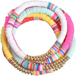 The Woo's Handmade Surfer Beaded Bracelets Set 6mm Polymer Clay Rainbow Bracelet Elastic Rope Bracelet Boho Multicolored Discs Beaded Bracelet Beach Vacation Friendship Summer Jewelry