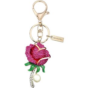 Women's Zinc Alloy Metal Crystal 3D Rose Flower Charm Lobster Clasp Key Ring Keychain ZM24 ( Rose Pink )