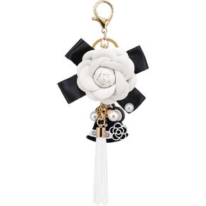 White Keychain with Pearl Pendant Long Tassel Leather Flower Key Ring Handbags Purse Bag Charms Car Key Decorations (White)