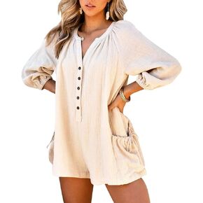 Womens 3/4 Sleeve Short Rompers Summer Casual V Neck Loose Button Down One Piece Jumpsuits with Pockets