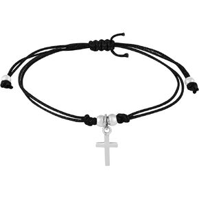 Sleek Mini Cross .925 Sterling Silver Charm Black Cotton Rope Adjustable Bracelet
