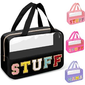 Preppy Clear Baby Makeup Bags with Chenille Letter Patches, Travel Essentials Large Clear Make up Bag Zipper Pouch with Handle, Waterproof Nylon Cosmetic Toiletry Storage Tote for Women (BABY-Beige)