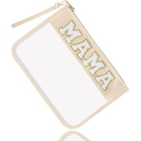 Teacher Appreciation Gifts TEACH Chenille Letter Clear Makeup Bag Pouch, Monogram PVC Clear Zipper Pouch with Wristlet Travel Cosmetic Bag Graduation Retirement Teacher Gifts for Women(TEACH-Beige)
