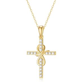 14K Gold Cross Necklace for Women, Solid Gold Infinity Cross Pendant Necklace with Cubic Zirconia, for Men Friend Mum Sister Her, 16''-18''