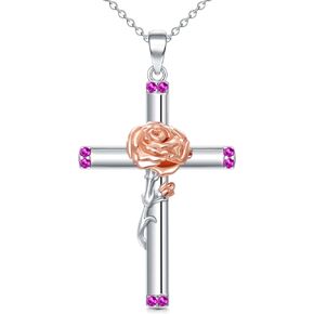 Carnation/Daffodil/Daisy/Lily of the Valley/Rose/Poppy/Morning Glory Cross Necklace 925 Sterling Silver Birth Month Flower Jewelry for Women Wife Mom