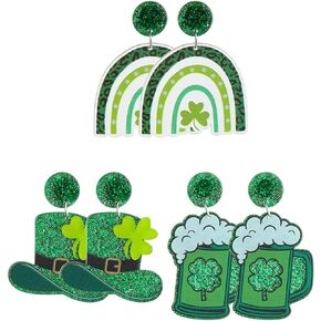 3 Pairs St Patrick's Day Earrings for Women Girls, Green Shamrock Clover Earrings Irish Hat Shamrock Stud Earrings Lightweight St. Patrick's Day Jewelry Lucky Acrylic Earrings Jewelry Gift