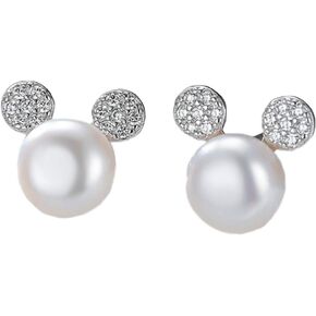 925 Sterling Silver Small Mouse Stud Earrings with 8mm Freshwater Cultured Pearl Charm Pet Animal Jewelry