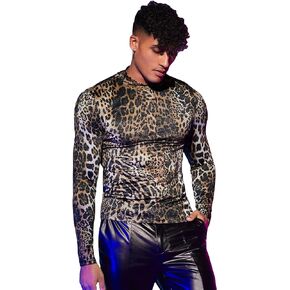 WDIRARA Men's Leopard Animal Print Mock Neck Long Sleeve Fitted Party Club Top Shirt
