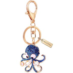 Monnel MZ960 Adorable Crystal 3D Octopus Ocean Animal Charm Pendant Lobster Clasp Key Ring Keychain (Blue)
