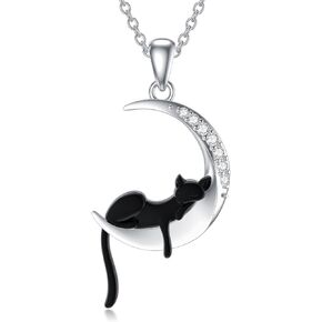 Diamond Black Cat/Red Panda/Sloth/Deer Necklace for Women Girls 925 Sterling Silver Sleeping Animal and Moon Pendant Necklace with Lab Grown Diamonds Jewelry Gifts