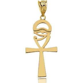 Fine 10k Yellow Gold Ancient Egyptian Eye of Horus Ankh Cross Pendant