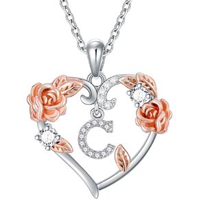 AOBOCO Rose Heart Necklaces Valentines Gifts for Women, 925 Sterling Silver Rose Love Heart Initial Letter Pendant Necklace Jewelry Mothers Day Christmas Birthday Gifts for Her Mom Wife Girlfriend