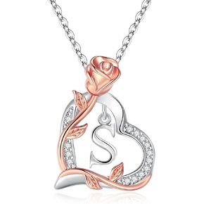 Valentines Gifts for Her - Rose Heart Initial Necklaces for Girlfriend Silver Necklace Wife Valentines Day Gifts Trendy Letter Love Pendant Teen Girls Gifts Valentines Day Birthday Mothers Day Gifts for Women
