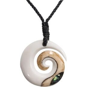 Hand Carved Koru Real Bone Pendant with Genuine Abalone Shell - Black Cord Hawaii Necklace - Maori Style Jewelry - Round Spiral Swirl Surfer Necklace for Men - Natural Accessories