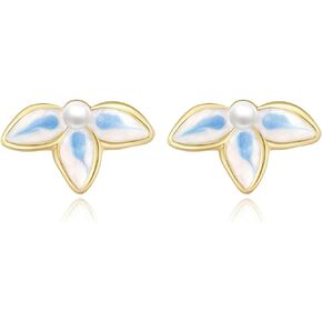 Leaf Flower Stud Earrings Blue White Enamel Imitation Pearl Design for Women Girl