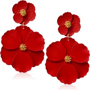 Unique Bohemian Metal Poppy Flower Dangle Earring Matte Painted Dual Flower Floral Petal Tiered Drop for Women Girls Statement Jewelry Gifts