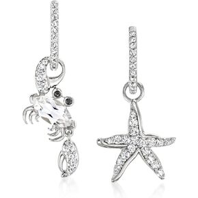 Ross-Simons 2.20 ct. t.w. White Topaz Starfish and Crab Mismatched Drop Earrings With Black Spinel Accents in Sterling Silver