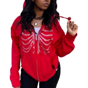 ANKOMINA Women's Rhinestone Skeleton Hoodies Zip Up Sweatshirts Y2K Long Sleeve Skull Jacket Pullover Tops