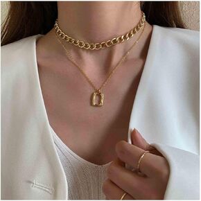 Geometric Square Pendant Necklace Gold Layered Curb Chain Necklace Chunky Flat Chain Choker Necklace Hollow Square Necklace Jewelry for Women and Girls
