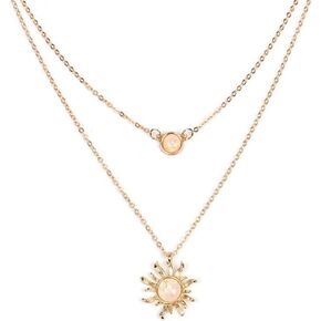 COLORFUL BLING 2 Layer Double Chains Moon and Sun Layered Choker Necklace Sunflower Opal Pendant Necklace Gift for Women Girls
