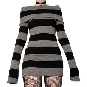 Women Long Sleeve Sweater Dress Fall Off Shoulder Knit Ribbed Bodycon Mini Dress Streetwear