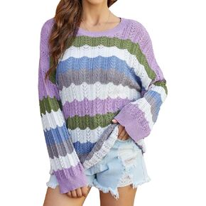 Womens Off Shoulder Long Sleeve Sweater Color Block Wave Striped Sweaters for Women Knit Jumper Tops