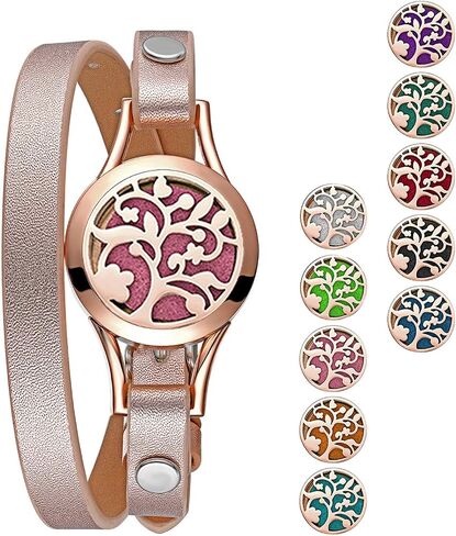 Cupimatch Essential Oil Diffuser Bracelet Wristband, Stainless Steel Aromatherapy Locket Bracelets Adjustable Leather Band with 10 Color Pads Jewelry Gift Set for Girls Women in Saudi Arabia