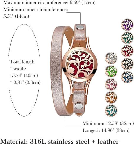 Cupimatch Essential Oil Diffuser Bracelet Wristband, Stainless Steel Aromatherapy Locket Bracelets Adjustable Leather Band with 10 Color Pads Jewelry Gift Set for Girls Women in Saudi Arabia