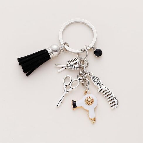 Fuqimanman2020 Lovely Comb Scissors Hair Dryer Keychain with Tassel and Diamond Charm Hairdresser Keychain for Barber in Kuwait