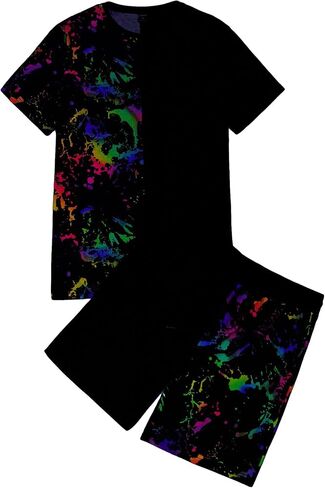 GORGLITTER Men's 2 Piece Outfits Reflective Splash Ink Print Short Sleeve Shirt and Track Short Sets with Pockets in Saudi Arabia