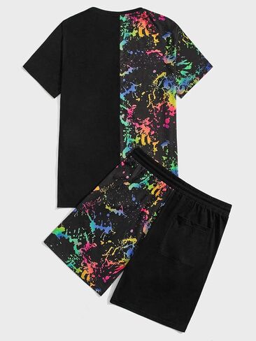 GORGLITTER Men's 2 Piece Outfits Reflective Splash Ink Print Short Sleeve Shirt and Track Short Sets with Pockets in Saudi Arabia