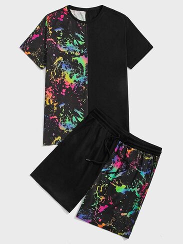 GORGLITTER Men's 2 Piece Outfits Reflective Splash Ink Print Short Sleeve Shirt and Track Short Sets with Pockets in Saudi Arabia