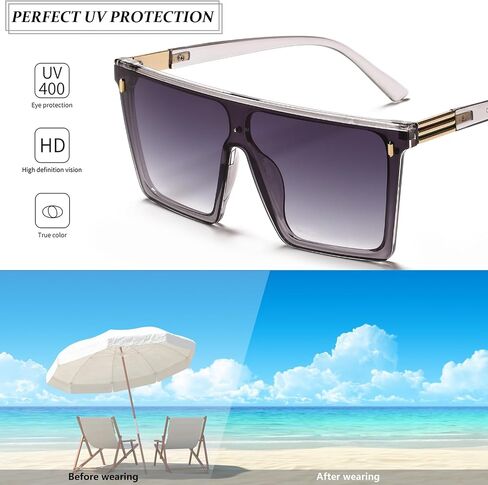 نظارات شمسية مربعة كبيرة الحجم للنساء والرجال، قمة مسطحة عصرية، إطار كبير، Sunies UV400، ظلال سوداء in Kuwait