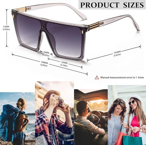 نظارات شمسية مربعة كبيرة الحجم للنساء والرجال، قمة مسطحة عصرية، إطار كبير، Sunies UV400، ظلال سوداء in Kuwait