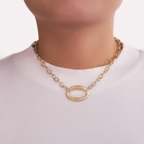 Big Oval Pendant Necklace for Women Trendy Brush Finished Matte Gold Pendant Choker Necklace 16 + 2 Inches Adjustable Length Necklace Jewelry Gift in Saudi Arabia