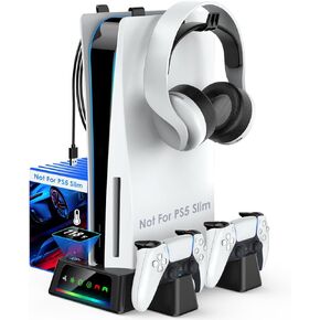 YOGES PS5 Stand and Cooling Station with Temperature Sensor (𝐍𝐨𝐭 𝐟𝐨𝐫 𝐏𝐒𝟓 𝐒𝐥𝐢𝐦), 2H Fast PS5 Dual Controller Charger Station Accessories Cooler Fan with 2 Headset Holder White