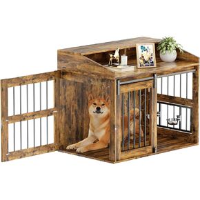 أثاث قفص للكلاب من LOVMOR مع باب الحظيرة المنزلق، طاولة نهاية بيت الكلب الخشبي مقاس 40 بوصة مع عجلات للكلاب الصغيرة/المتوسطة/الكبيرة (ريفي) in Kuwait