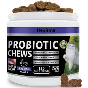 Cat Probiotic, Chews for Gut and Immune Health, Cats Probiotic Supplement for Cat Digestive Support, Healthy Digestion, Cat Constipation and Diarrhea Relief (120 Pills, Salmon)