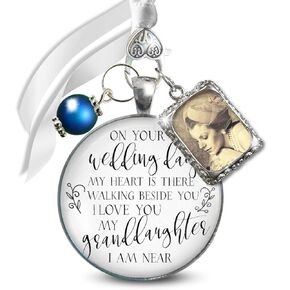 On Your Wedding Day My Daughter Customize Memorial Wedding Bouquet Charm Honor of Parent Frame Silver Finish Pendant Memory Bride's Mother or Father DIY Photo Template